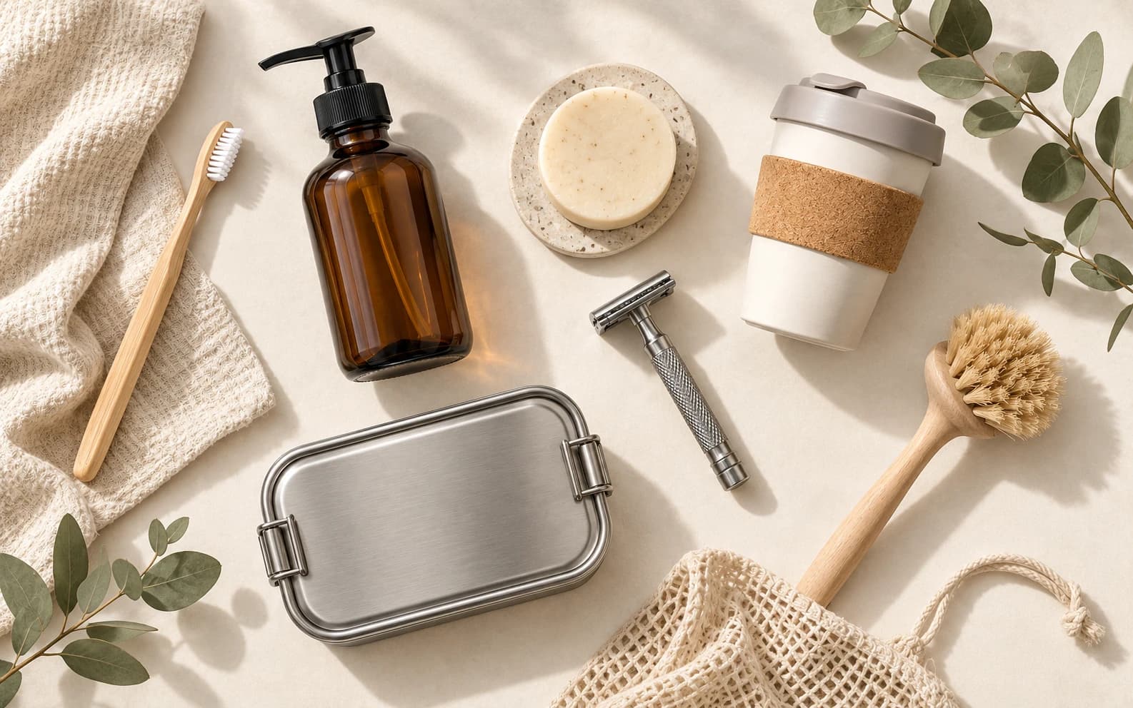 A flat-lay of zero-waste essentials — bamboo toothbrush, soap, safety razor, reusable cup, steel lunchbox